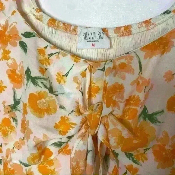 Sienna Sky Tangerine,  floral, scoop neck to tie, flowy, Mini Dress. Size Medium - Picture 8 of 8